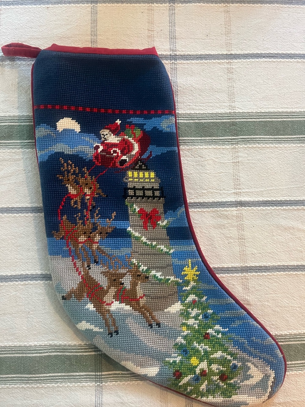 Lands' End Navy Cross-Stitch Santa Sleigh & Reindeer Stocking with Red Trim